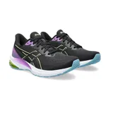 Championes de running Asics modelo GT-1000 12, color negro con detalles en violeta, amarillo neón y suela azul. Presentan tecnología FlyteFoam en la entresuela para mayor amortiguación y soporte.