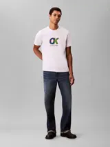 Remera de cuello redondo y manga corta, confeccionada en algodón regenerativo. Presenta un estampado gráfico frontal con el monograma de la marca en colores azul, verde y rojo, acompañado por el logo de Calvin Klein debajo.