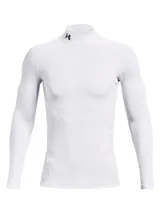 Remera de compresión Under Armour ColdGear Armour para hombre, color blanco, de manga larga y cuello alto con logo de la marca en el centro.