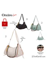 Cartera bandolera negra de nylon, con diseño fruncido en los laterales, correa ajustable y detalles de cordones decorativos en color naranja y amarillo.