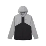 Campera rompevientos New Balance con capucha, diseño bicolor en gris y negro, cierre frontal completo y logo de la marca estampado en el pecho.