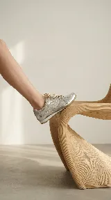 Zapatilla de cuero metalizado color plateado, con diseño de cordones y suela plana de goma. Presenta detalles de costuras laterales y una textura suave y liviana.