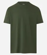 Remera básica de corte holgado, color verde militar, con cuello redondo y mangas cortas. Confeccionada en tejido de media malla con textura acanalada.