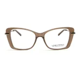 Armazón de anteojos Linea Roma con diseño estilo cat-eye, fabricado en acetato color marrón translúcido con detalles enchapados en oro 18k.