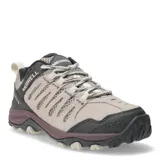 Championes de trekking Merrell modelo Crosslander 3, combinan gamuza y malla transpirable en tonos gris y beige con detalles en negro y suela de goma robusta para mayor tracción.