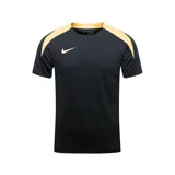 Remera deportiva Nike Strike, color negro con detalles en amarillo en los hombros y cuello. Confeccionada con tecnología Dri-FIT, presenta un diseño de ajuste entallado y tejido knit texturizado.