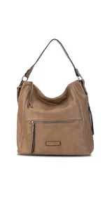 Cartera de hombro tipo hobo en color negro, confeccionada en material símil cuero con textura granulada. Presenta un diseño funcional con cierre principal, bolsillo frontal con cierre y detalles de tachas metálicas, además de una correa de hombro fija y una correa larga ajustable y extraíble.