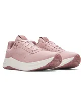 Championes Under Armour modelo W Aurora 3 para mujer, en color rosado. Presentan una parte superior de malla transpirable con detalles en gamuza, mediasuela con amortiguación Charged+ para mayor comodidad y suela de goma con patrón de tracción multidireccional.