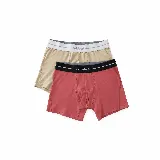 Pack de dos boxers lisos de algodón elastizado, uno en color beige con cintura elástica blanca y otro en color rojo con cintura elástica negra, ambos con la marca impresa.