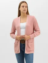 Cardigan abierto de tejido acanalado, con bolsillos frontales y mangas largas con puños de rib.