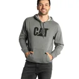 Canguro negro con capucha y bolsillo tipo canguro. Estampado frontal con el logo de Caterpillar en negro.