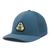 Gorra de béisbol Columbia, modelo Mountaincap II 3D, color azul, con paneles laterales y traseros de malla perforada por láser y parche hexagonal con el logo de la marca en el frente.