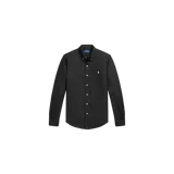 Camisa de lino negra de corte slim fit, con cuello abotonado, cierre frontal de botones claros, mangas largas y el logo del jugador de polo bordado en blanco en el pecho.