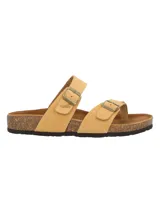 Sandalias de cuero color tostado con dos tiras ajustables con hebillas metálicas, plantilla anatómica de corcho y suela de goma.