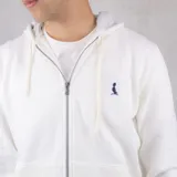 Campera blanca con capucha y cierre frontal, confeccionada en algodón fino de punto.