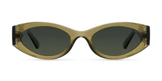 Lentes de sol de diseño retro con montura ovalada delgada en color verde oliva translúcido. Poseen cristales polarizados verdes con protección UV400 y tratamiento antirrayas.