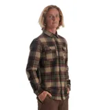 Camisa de franela a cuadros en tonos marrón, verde y beige, de manga larga con dos bolsillos en el pecho.