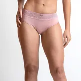 Bombacha tiro medio de algodón orgánico color rosado, con detalle de encaje en la cintura y moño decorativo.