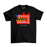 Remera de algodón color negro con estampa frontal de un perro estilizado en colores rojo, amarillo y azul.