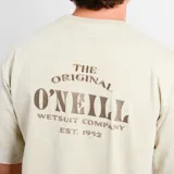 Remera O'Neill de manga corta y corte oversize, color beige con efecto acid wash. Presenta cuello redondo y un pequeño estampado tipográfico en el pecho.