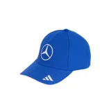 Gorra azul de la colección Adidas Mercedes AMG Petronas F1, con el logotipo de la estrella de Mercedes bordado en blanco en el frente y el emblema de Adidas en el ala.