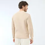 Sweater de punto con textura gofrada, color beige, con cuello polo y cierre frontal de tres botones. De manga larga y corte estándar.