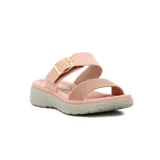 Sandalias de confort color rosa con dos tiras, una lisa con hebilla dorada y otra con glitter.