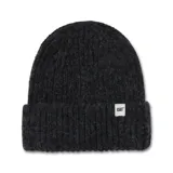 Gorro de lana tejido en punto acanalado, color negro, con diseño de puño enrollado y etiqueta con logo de la marca en el frente.