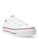 Championes urbanos Converse Chuck Taylor All Star Lift, unisex, color blanco con detalles en rojo y azul en la suela. Confeccionados en lona, con plataforma y logo All Star en el talón.