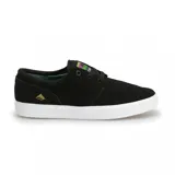Championes de skate Emerica modelo Figgy G6, color negro con suela blanca. Presentan un diseño de perfil bajo confeccionado en gamuza, con detalle de logo dorado en el lateral y etiqueta multicolor en la lengüeta.