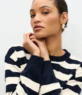 Suéter de cuello redondo confeccionado en tejido de chenille con diseño de rayas horizontales. Presenta mangas largas con puños acanalados y bajo ajustado, ofreciendo una textura suave y aterciopelada.