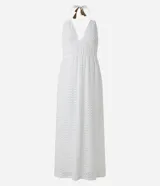 Vestido midi blanco de encaje con escote en V, espalda abierta y lazos traseros.