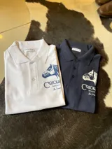 Remera polo de adulto con cuello y cierre frontal de tres botones. Presenta un estampado en el pecho con la ilustración de la cabeza de un caballo y la inscripción "CRIOLIC S.C.C.C.U.".