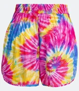 Short runner de viscosa con estampado tie dye en tonos rosa, amarillo y celeste.