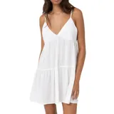 Vestido corto blanco con breteles finos, escote en V y falda escalonada.