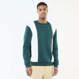 Buzo de cuello redondo con diseño color block en verde y blanco, con detalle de estampado frontal y puños acanalados.