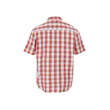 Camisa de manga corta Caterpillar con diseño a cuadros en tonos rojos y blancos. Presenta cuello clásico, cierre frontal con botones, un bolsillo en el pecho con el logo de la marca y corte recto.
