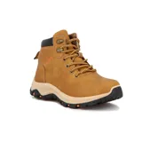 Bota acordonada color camel, con suela de goma negra y detalles en naranja.