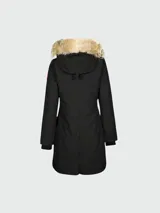 Campera negra de Canada Goose, modelo Rossclair Parka, con capucha con borde de piel, cierre frontal con botones y bolsillos laterales.