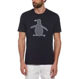 Remera negra de manga corta con estampado de un pingüino con diseño a cuadros.