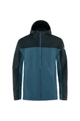 Campera de trekking Fjällräven modelo Abisko Midsummer, para hombre. Diseño con bloques de color azul y negro, capucha ajustable, cierre frontal completo y múltiples bolsillos.