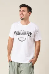 Remera blanca de algodón con estampado negro que dice 'Vancouver Canada' y un diseño de hojas.
