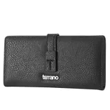 Billetera larga de cuero sintético negro con textura granulada. Tiene cierre con presilla y broche, múltiples ranuras para tarjetas y compartimentos para billetes.