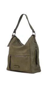 Cartera de hombro tipo hobo en color negro, confeccionada en material símil cuero con textura granulada. Presenta un diseño funcional con cierre principal, bolsillo frontal con cierre y detalles de tachas metálicas, además de una correa de hombro fija y una correa larga ajustable y extraíble.