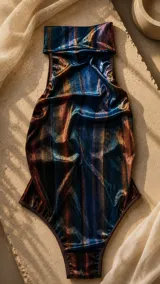 Body de terciopelo tornasolado con cuello alto y diseño sin mangas. Presenta un acabado brillante con matices iridiscentes que cambian con la luz.