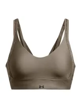 Top deportivo de bajo impacto Under Armour, color verde oliva, con escote en V y diseño de espalda con tirantes finos. Cuenta con almohadillas moldeadas integradas y banda elástica inferior con logo de la marca.