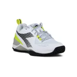 Championes deportivos Diadora modelo Blushield Torneo 2, de color blanco con detalles en negro, gris y amarillo flúor, diseñados para tenis y deportes en cancha.