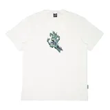 Remera de manga corta color blanco, con estampa central pequeña que representa una mano esquelética con llamas en tonos verdes y violetas. Diseño clásico de Santa Cruz Skateboards.