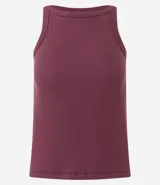 Musculosa básica femenina color marrón oscuro, confeccionada en malla rib de algodón con textura acanalada y cuello redondo.