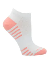 Medias deportivas cortas de algodón, color blanco con detalles en rosado en el talón, la puntera y con diseño de rayas horizontales.